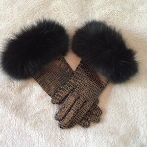 Elegant Black and Brown Fur Trimmed Gloves